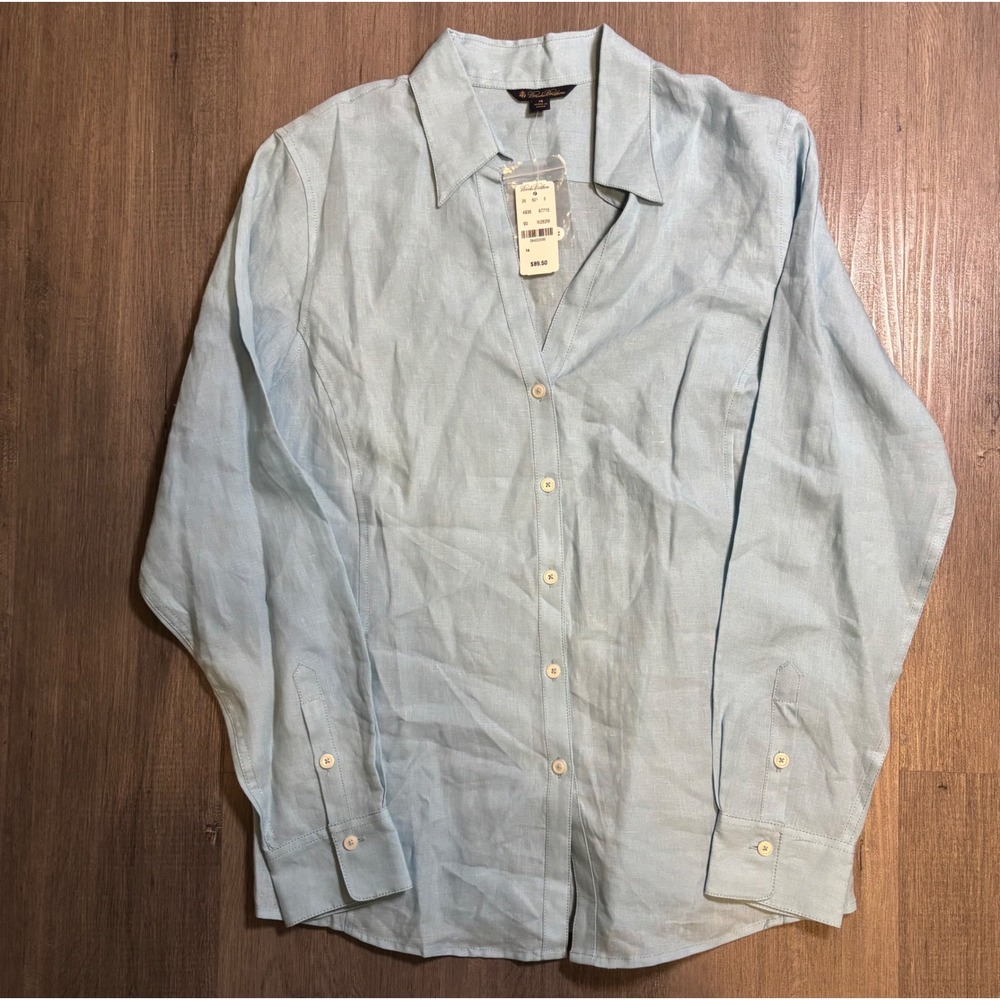 Brooks Brothers Button Down Shirt Womens 14 Light Blue Linen Long Sleeve Top